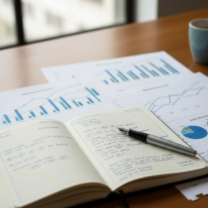 Investment strategy planning with financial charts, market analysis documents, and structured notes