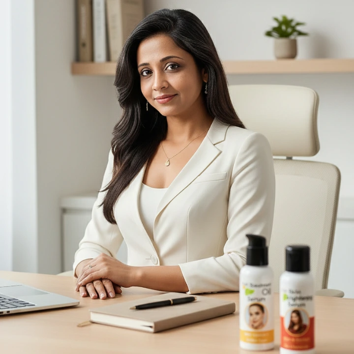 Soma Roy seated at a desk with planning materials and wellness products, representing professional expansion supported by structured financial planning.