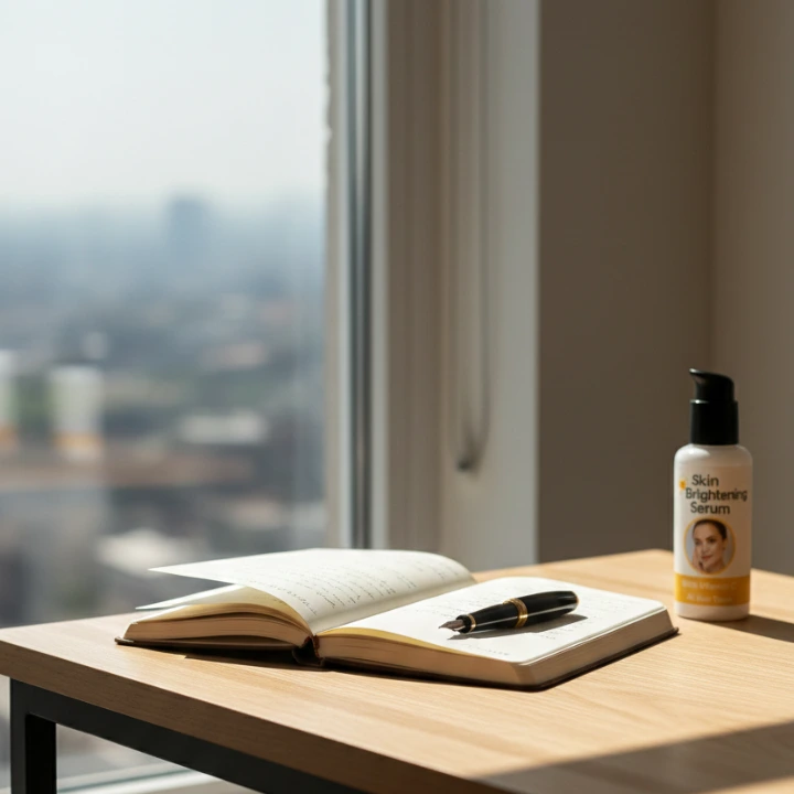 An open notebook with notes and a wellness product placed subtly on a desk, representing reflection and learnings from structured financial planning.