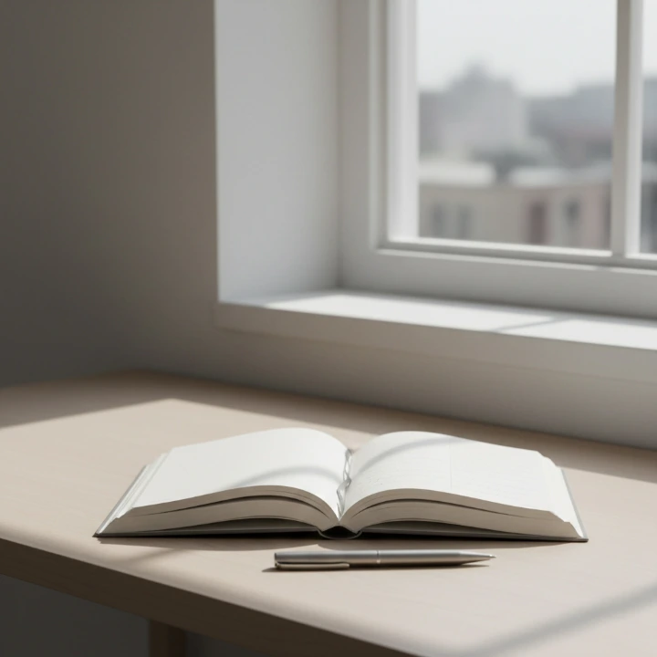 A minimal workspace with an open notebook and pen symbolizing Backbone Finvest’s disciplined financial planning philosophy.